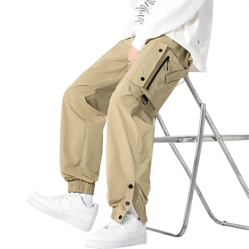 Pantalon cargo kaki streetwear urbain femme multi-poches chevilles ajustables