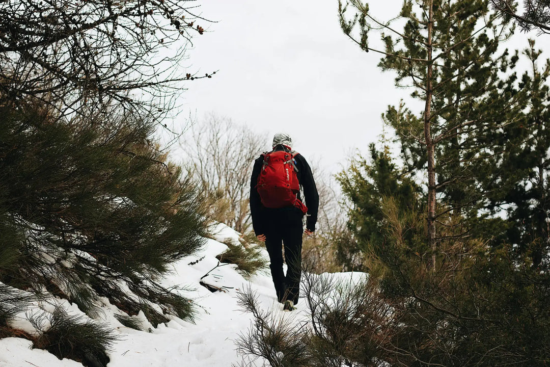 Un sac à dos rouge vibrant avec un design élégant et durable porté par quelqu'un randonnant dans des bois enneigés.